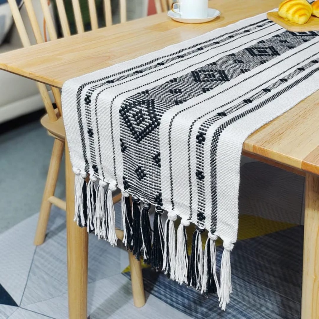 Jacquard Woven Table Runner with Tassels (Black)