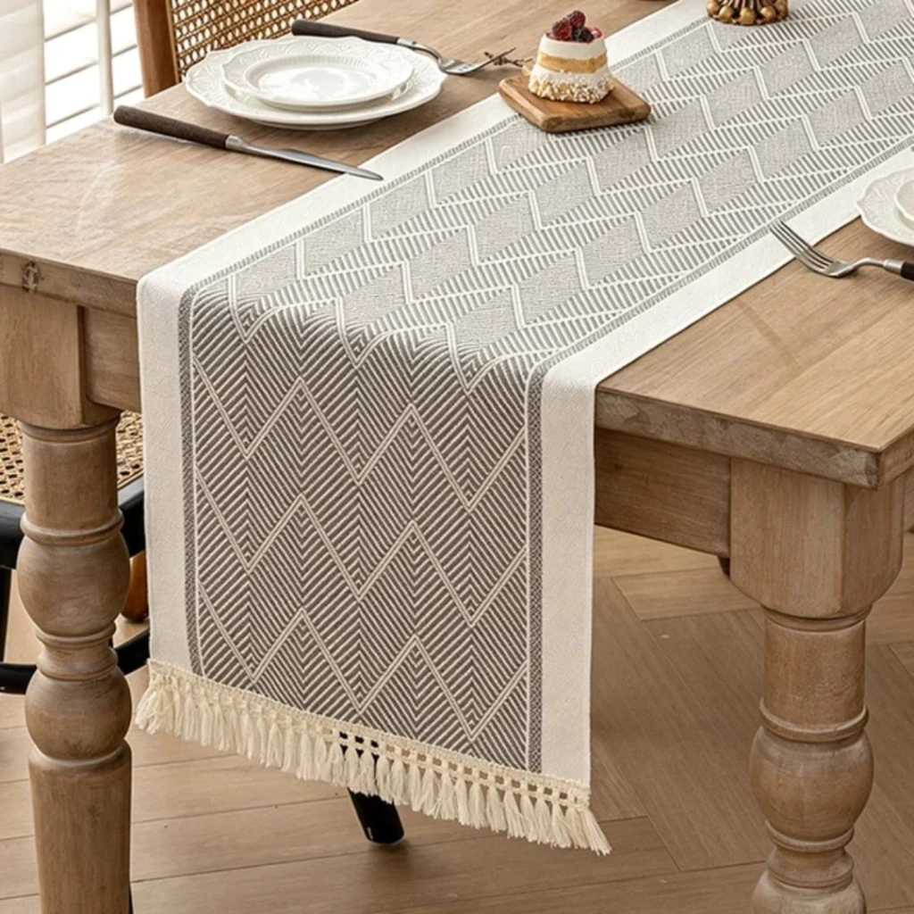 Woven Chevron Table Runner with Tassels (Iceland Grey)