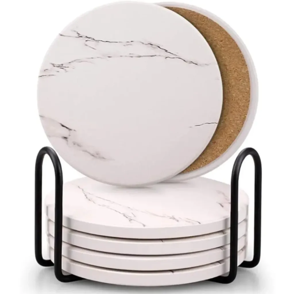 6Pcs Marble Style Ceramic Coasters (White marble)